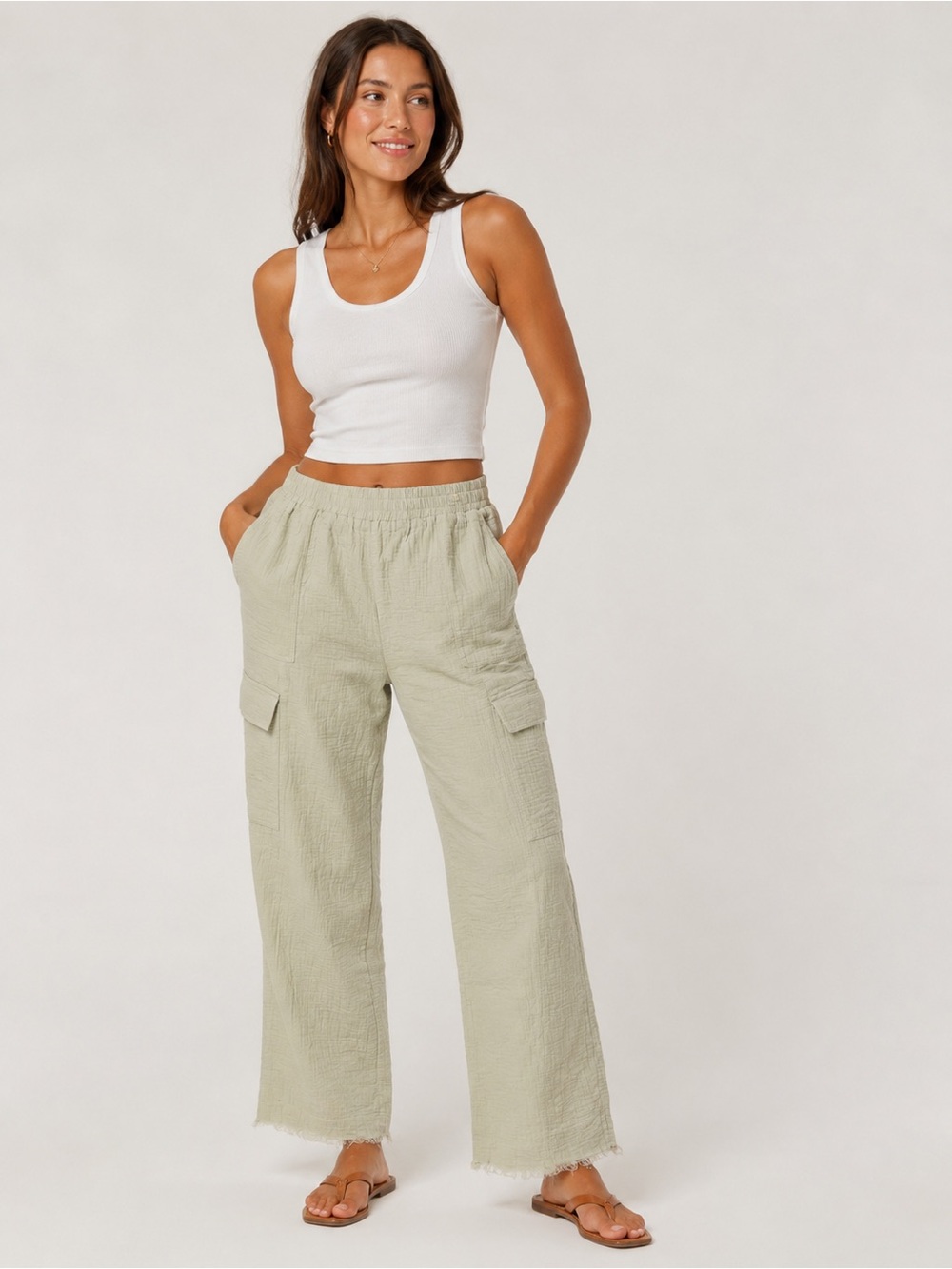 Japna Olive Green Wide-Leg Cargo Pants